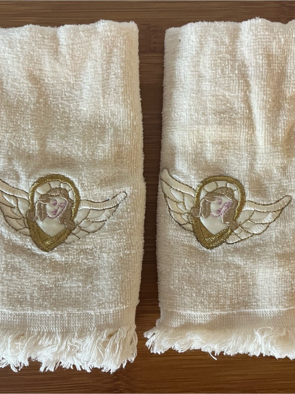 Embroidered Angel Wing Hand Towels - Cream with Gold Accent